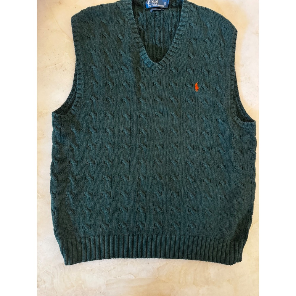 Polo Ralph Lauren Mens XL Pima Cotton Cable Knit V-Neck Sweater Vest Green